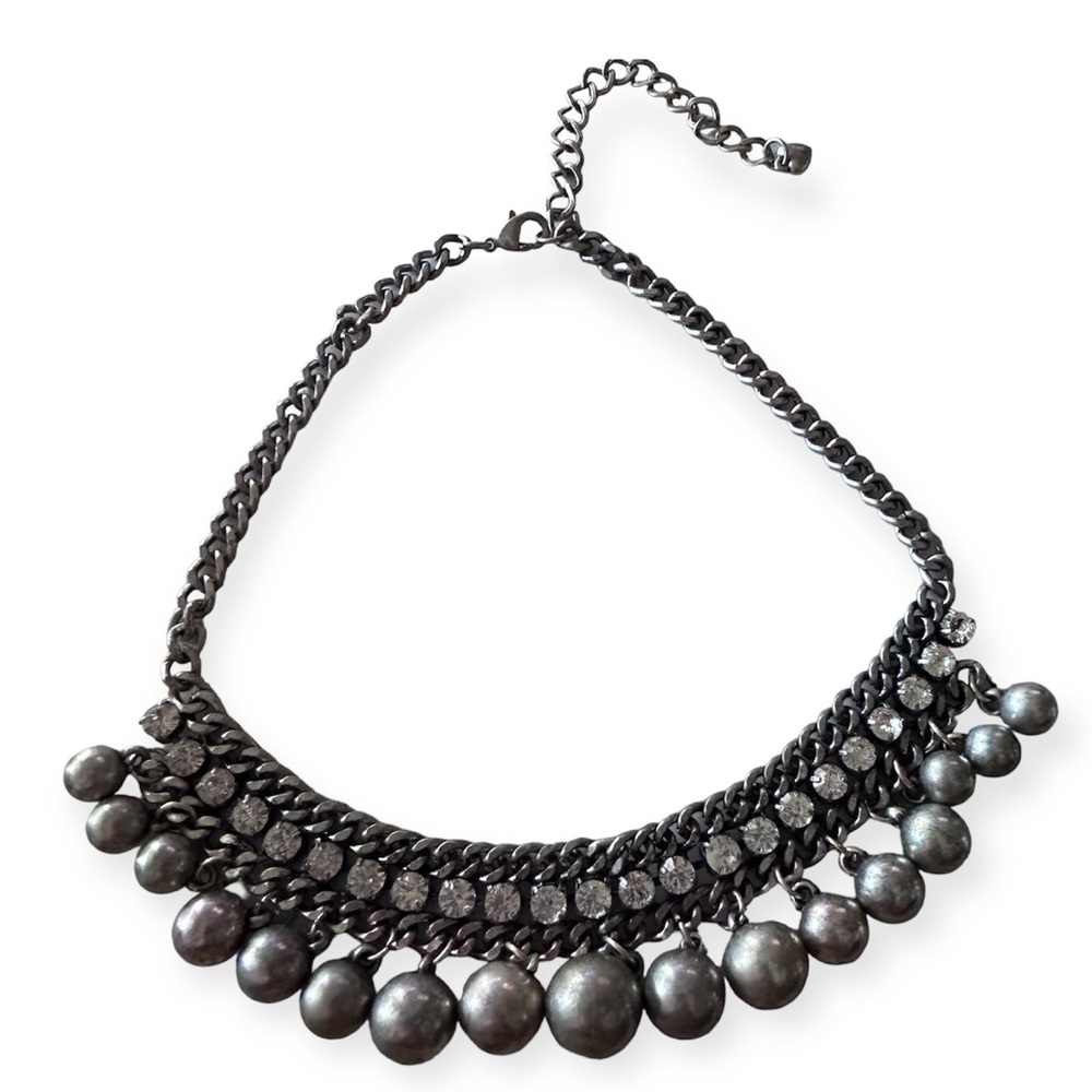 Vintage Costume Big Beads Rhinestone Silver tone Necklace